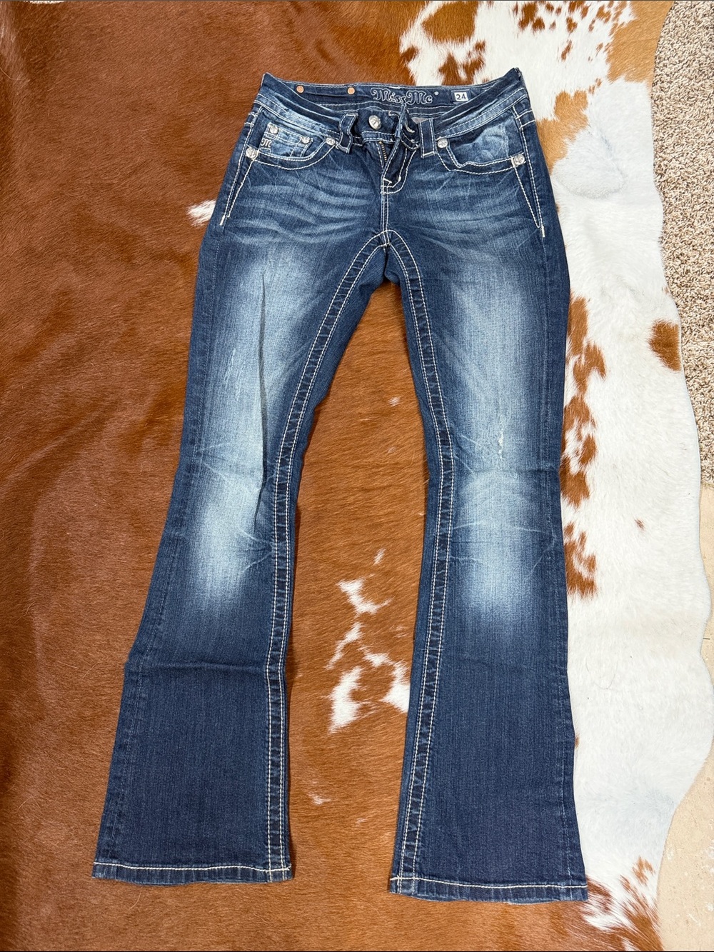 Miss Me Dark Blue Bootcut Jeans with Embellished Fleur-de-Lis Pocket - Picture 2 of 5